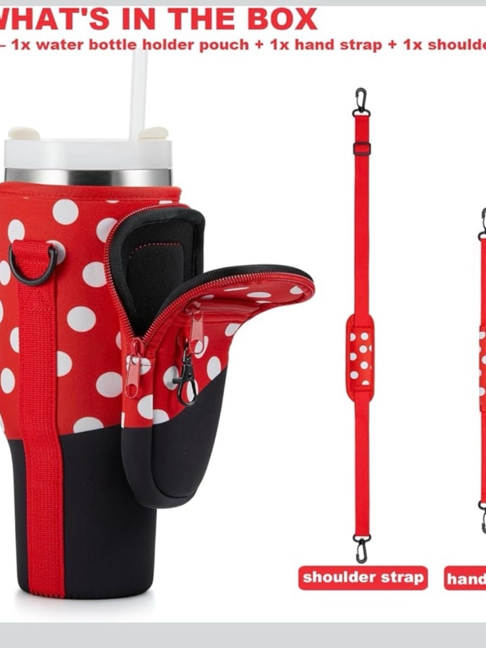 Polka Dot Red Water Bottle Carrier Bag with Phone Pocket for Stanley 30 oz - Picture 4 of 5